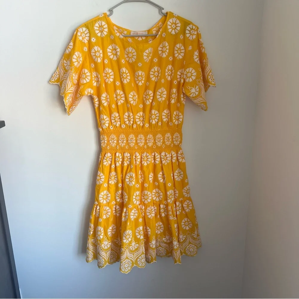 Tory Burch Embroidered Eyelet Dress in Sunlight Yellow White Women's Size 8